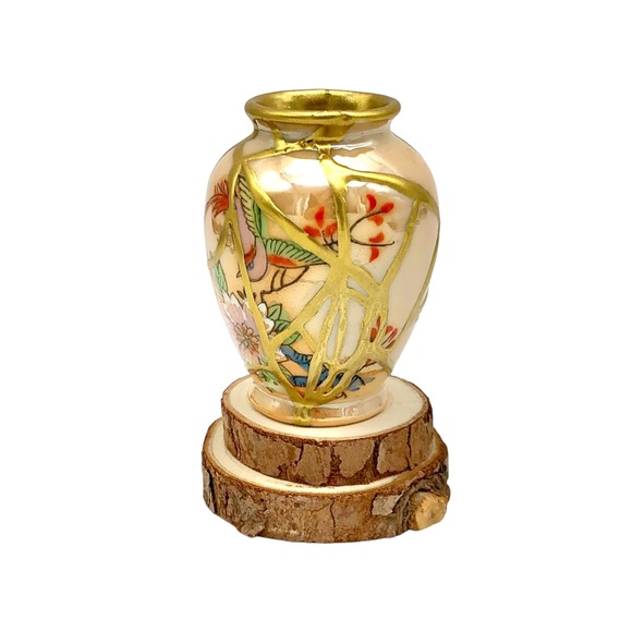 Kintsugi Vase Mini Lusterware Floral Bird Gold Crack Occupied Japan Growth Gift - Picture 11 of 14
